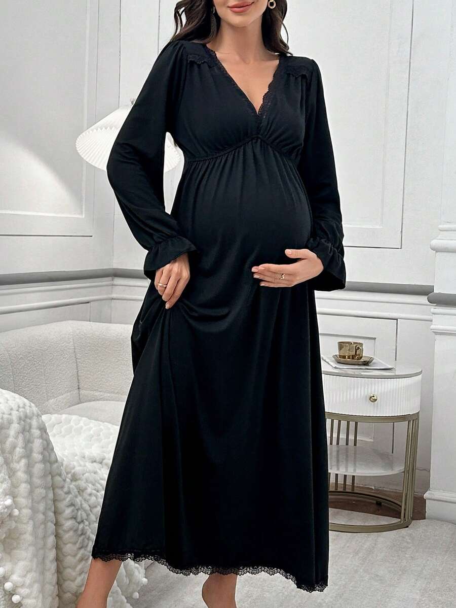 Moonlight&Mama Lace Patchwork Deep V-Neck Ruched Design Flare Sleeve Maternity Nightgown, For Fall, Winter - Black - View 1