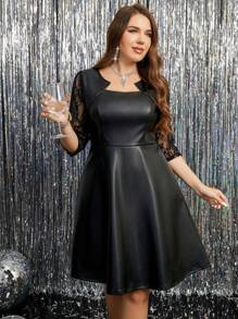 SHEIN Clasi 大码女式黑色 PU 拼布撞色蕾丝缺口领连衣裙 - 黑色 - 查看 1