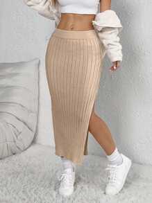 SHEIN Unity Women Solid Color Side Slit Hem Casual Knitted Skirt, Autumn-Winter - Beige - View 1