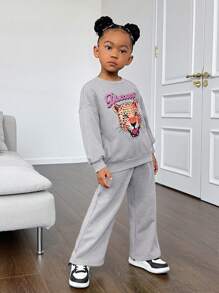 SHEIN Leap Crew 女童休闲针织印花卫衣裤套装（2件套），适合秋冬季节，灰色 - 灰色 - 查看 3