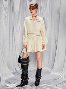 SHEIN 少女休闲飞行员夹克，带花卉腰线设计配套裙子套装，适合搭配单肩包、背包、斜挎包、棒球帽、渔夫帽、贝雷帽、短靴、正装鞋、太阳镜、耳机 - 卡其色 - 查看 6