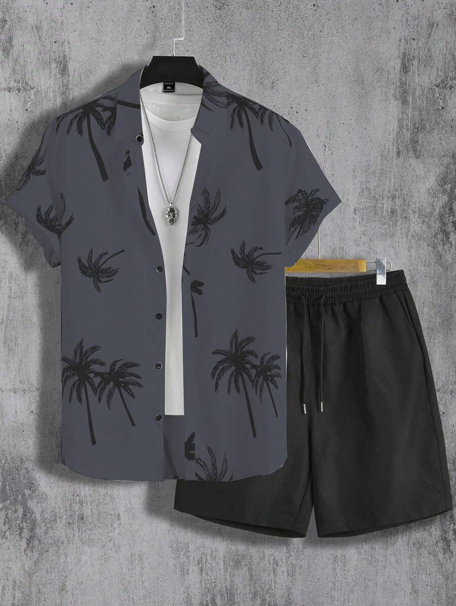 Manfinity RSRT Bộ 2 áo sơ mi tay ngắn in hình cây cọ đi nghỉ mát cho nam và quần short cạp rút dây - Xám - Xem 1