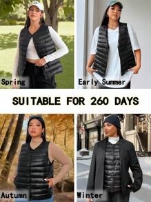 SHEIN EZwear 大码女式秋冬休闲百搭连帽无袖羽绒羽绒大衣背心带口袋黑色可压缩保暖 - 黑色 - 查看 3