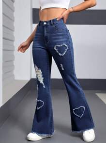 SHEIN EZwear 女式前扣口袋做旧毛边下摆休闲牛仔裤 - 深色水洗藍 - 查看 5