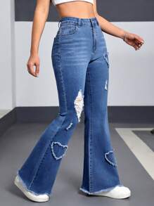 SHEIN EZwear Damen Jeans mit Teddybär-Motiv, Knopfleiste vorne, mehreren Taschen, Used-Look, ausgefranster Kante