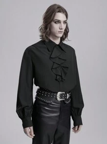 ROMWE MEN Goth 1 Áo sơ mi nam tay dài cài nút phía trước màu trơn, mùa thu - màu đen - Xem 3