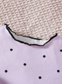 SHEIN 4 件套女宝宝休闲荷叶边袖卡通图案阻燃家居短裤套装，夏季 - 淡紫色 - 查看 4