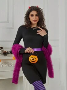 Women's New Fashion Halloween Black Crew Neck Long Sleeve Cinched Waist Bow Skater Dress, Purple Glitter Shawl, Black & Purple Striped Leggings, Dark Goth Style, Mommy And Me Matching Outfits (2 Sets Sold Separately) Fall Cloth For Women - Multicolor - View 6