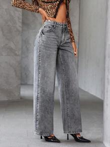 SHEIN Essnce Women Denim Jeans With Pentagram And Leopard Print - Grey - View 6