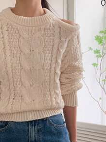 DAZY Suéter de mujer de cuello redondo con hombros abiertos y punto de canalé para otoño