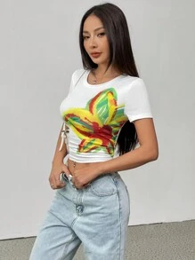 Chiquease 女士花卉印花短袖圆领短款修身 T 恤 - 彩色 - 查看 5