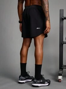 Manfinity Sport Corelite 男友风男士纯色拼接印花休闲运动短裤健身服运动裤黑色短裤 - 黑色 - 查看 2