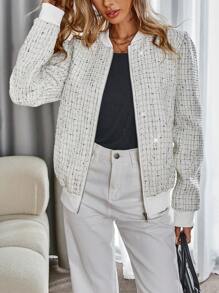 SHEIN Privé Women's Zipper Long Sleeve Fashionable Casual Versatile Shiny Vintage High-End Commuting French Tweed Bomber Jacket, Autumn Fall Cloth For Women - Multicolor - View 5