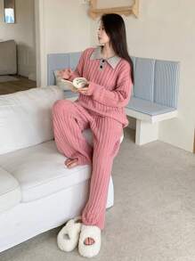 DAZY Knitted Colorblock Lapel Design Loose Homewear Set Fall,Winter Pajama