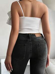 Chiquease Women Solid Color Asymmetrical Neck Ruffle Sleeveless Sexy Top - White - View 2