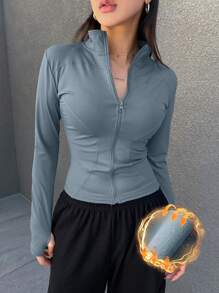 DAZY Women's Solid-Color Front Zip Long Sleeve Simple Jacket, Casual Everyday Wear,Fall Women Clothes - Dusty Blue - View 1