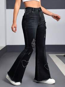 SHEIN EZwear Women's Front Button Pockets Distressed Hem Jeans, Casual Everyday Wear Y2K Love Ripped Fashionable Casual Denim Stretch Bell Pants - Black - View 3