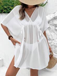 SHEIN Swim 女式蝙蝠袖抽绳腰短款海滩罩衫连衣裙，波西米亚风格夏季 - 白色 - 查看 7