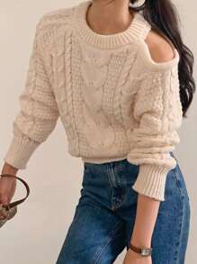 DAZY Suéter de mujer de cuello redondo con hombros abiertos y punto de canalé para otoño