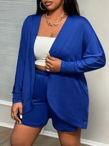 Slaydiva Women Plus Size Solid Blue Shorts And Cardigan Set - Royal Blue - View 5