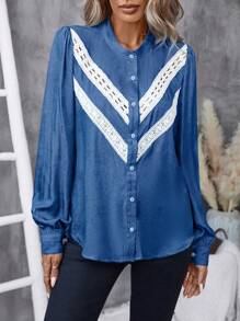 SHEIN LUNE Women's Front Button Long Sleeve Solid Color Patchwork Minimalist Casual Shirt Fall Cloth For Women - Blue - View 6