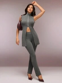 SHEIN Unity 2 件女式夏季纯色拉链前短款上衣和裤子时尚套装、冬装、冬季套装、两件套、秋季运动衫