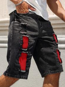 Manfinity LEGND Men's Button Waistband Distressed Design Casual Denim Shorts - Black - View 8