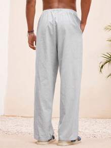 Manfinity VCAY 男士沙滩装夏季度假编织休闲冲浪海边沙滩宽松夏威夷条纹亚麻裤沙滩装 - 灰色 - 查看 2