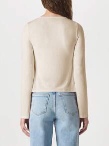 INAWLY 女士纯色前系带长袖休闲 T 恤 - 杏色 - 查看 2