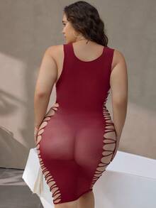 高弹力交叉性感睡袍加大码女士内衣 - 酒紅色 - 查看 2