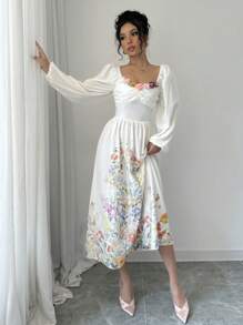 Chiquease 浪漫花卉贴花腰部修身喇叭裙女式长款女装 - 白色 - 查看 7