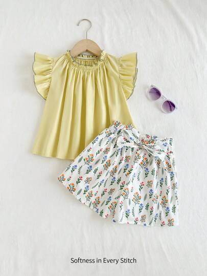 Cozy Pixies 2pcs Young Girl Colorblock Ruffle Trim Blouse & Floral Decor Bowknot Shorts Set