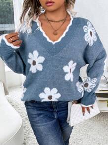 Elenzga Plus Size Floral Embellished V-Neck Long Sleeve Pullover Sweater, Casual Everyday Wear, For Winter Knit Pullover Fall Autumn - Blue - View 8