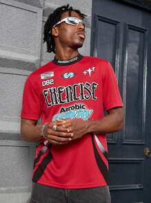 PAVTROS Manfinity Streetrush Men Mesh Athletic Fitted Stand Collar Round Neck Printed T-Shirt - Red - View 5