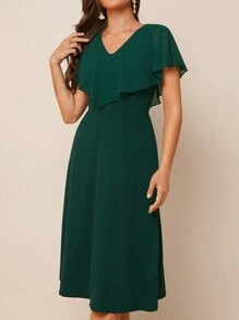 Amorya Vestido verde de largo medio con volantes en el dobladillo para dama - Verde Oscuro - Ver 5