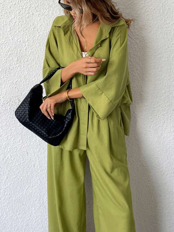 Aveloria Modichic 2 stuks dames gemengd zijsplit losse shirt & wijde pijpen hoge taille broek set elegante zakelijke casual vrouwen