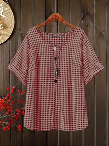 大码女式格子圆领短袖上衣和裤子 2 件套 - 紅色 - 查看 5