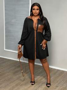 Slaydiva Camisa larga informal de mujer de talla grande con bloques de color y parche de PU