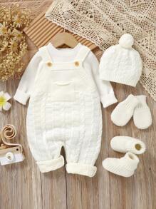 Baby Girl 4 Pieces Knitwear Set Includes A Romper With Overalls, A Hat, Gloves, And Shoes. The Simple Yet Elegant Design Features A Small Pocket On The Chest For A Playful Touch. Made Of Soft, Comfortable Fabric To Keep Your Little One Warm And Cozy. The Carefully Coordinated Colors And Styles Make Dressing Your Baby Easy. The Added Hat, Gloves, And Shoes Provide Comprehensive Warmth And Care. This Practical Yet Stylish Set Is A Perfect Choice For Parents, Combining Functionality And Fashionable Parent-Child Style.