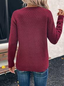 EMERY ROSE 女士纯色 V 领长袖简约毛衣、休闲装 - 酒紅色 - 查看 2