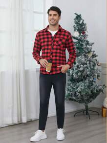 2 piezas Camisa casual con cuello a cuadros y pantalones largos de mezclilla, conjunto de padre e hijo