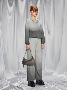 SHEIN Teen Girls Ombre Retro Loose Fit Bleached Denim Effect Sweatpants, Can Be Paired With Shoulder Bag, Backpack, Crossbody Bag, Baseball Cap, Bucket Hat, Beret, Ankle Boots, Oxfords, Sunglasses, Headphones - Multicolor - View 7