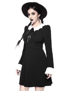 ROMWE Goth 哥特式蝙蝠领蝴蝶结腰喇叭形 A 字弹力女式连衣裙，万圣节