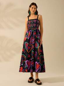 CAJUNI Women's Colorful Heart Print, Boho Print Halter Big Swing Long Dress, Holiday Casual Beach Summer Black Dress - Multicolor - View 5