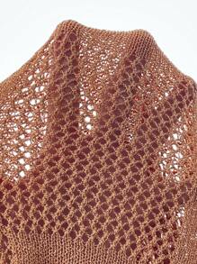 SHEIN Clasi Fashionable Backless Tied Strap Textured Floral Cutout Flare Sleeve A-Line Knit Dress For Vacation Fall Cloth For Women - Rust Brown - View 7