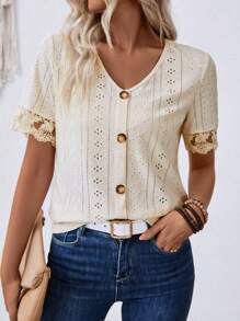 SHEIN LUNE Women's Lace Patchwork V-Neck Short Sleeve Casual T-Shirt