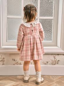 SHEIN Baby Girl Plaid Ruffle Hem Casual Dress For Spring And Autumn - Pink - View 2