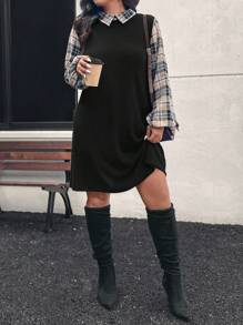 SHEIN LUNE 大码女式豹纹拼布灯笼袖罗纹直筒宽松休闲连衣裙，秋季节日装节日派对礼服加大码连衣裙 - 彩色 - 查看 6