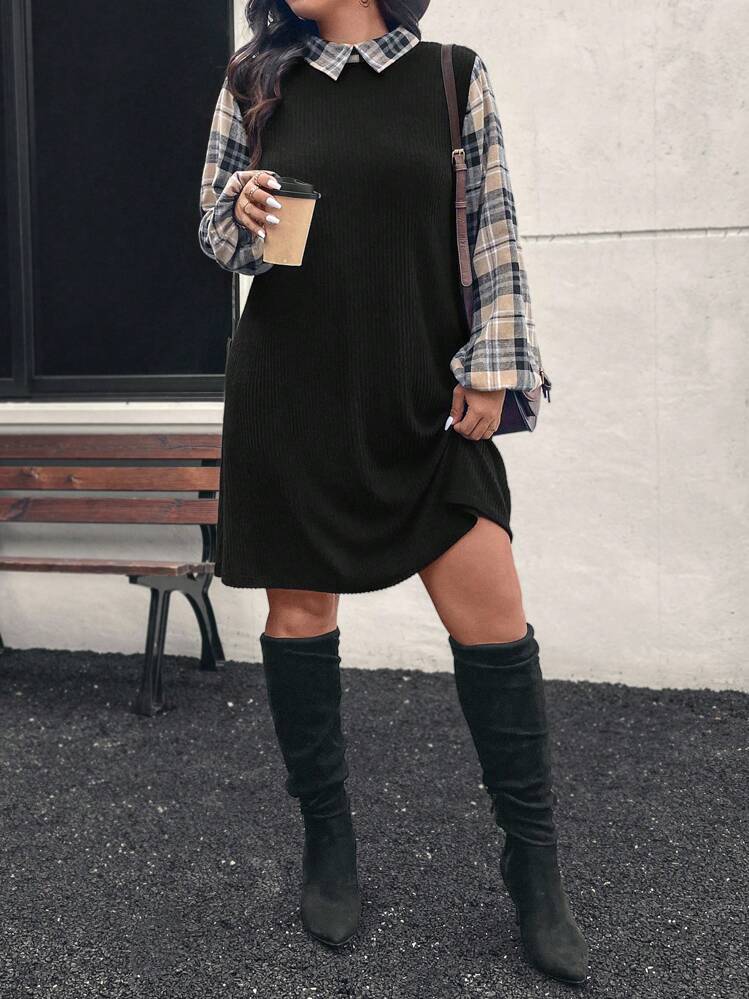 SHEIN LUNE 大码女式豹纹拼布灯笼袖罗纹直筒宽松休闲连衣裙，秋季节日装节日派对礼服加大码连衣裙 - 彩色 - 查看 6