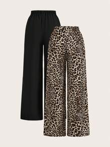 SHEIN PETITE High-Waisted Leopard Print & Black Solid Color Wide-Leg Trousers Two-Piece - Multicolor - View 9